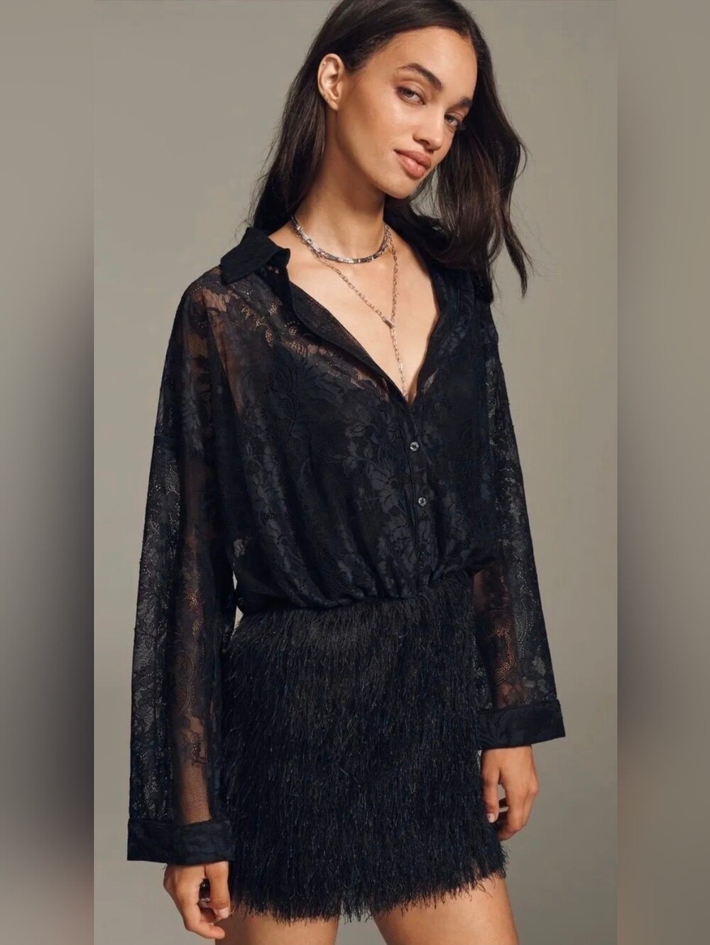 Maeve Fringe Twofer Mini Shirt Dress NWT XS